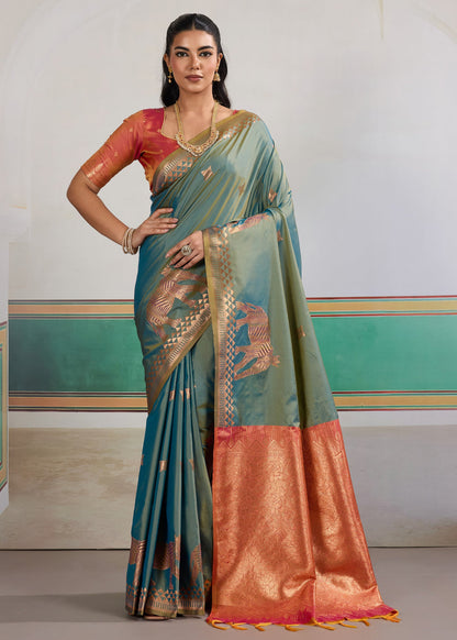Teal Blue Pure Soft Silk Handloom Saree Panetar Saree Anant Tex Exports Pvt.Ltd..