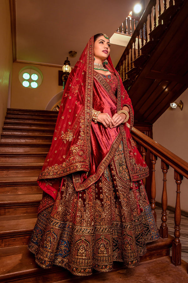 Gown Handwork Bridal Lehenga Red Golden Wedding Bridal Designer