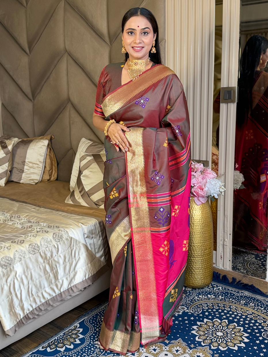 Coffee Pink Soft Silk Ikkat Zari Patola Soft Silk Saree