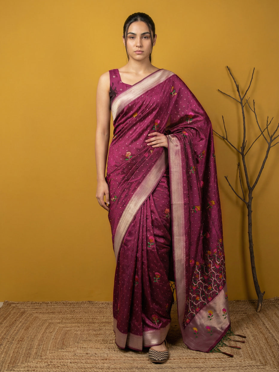 Purple Pure Organza Silk Meenakari Jamdani Zari Woven Organza Saree