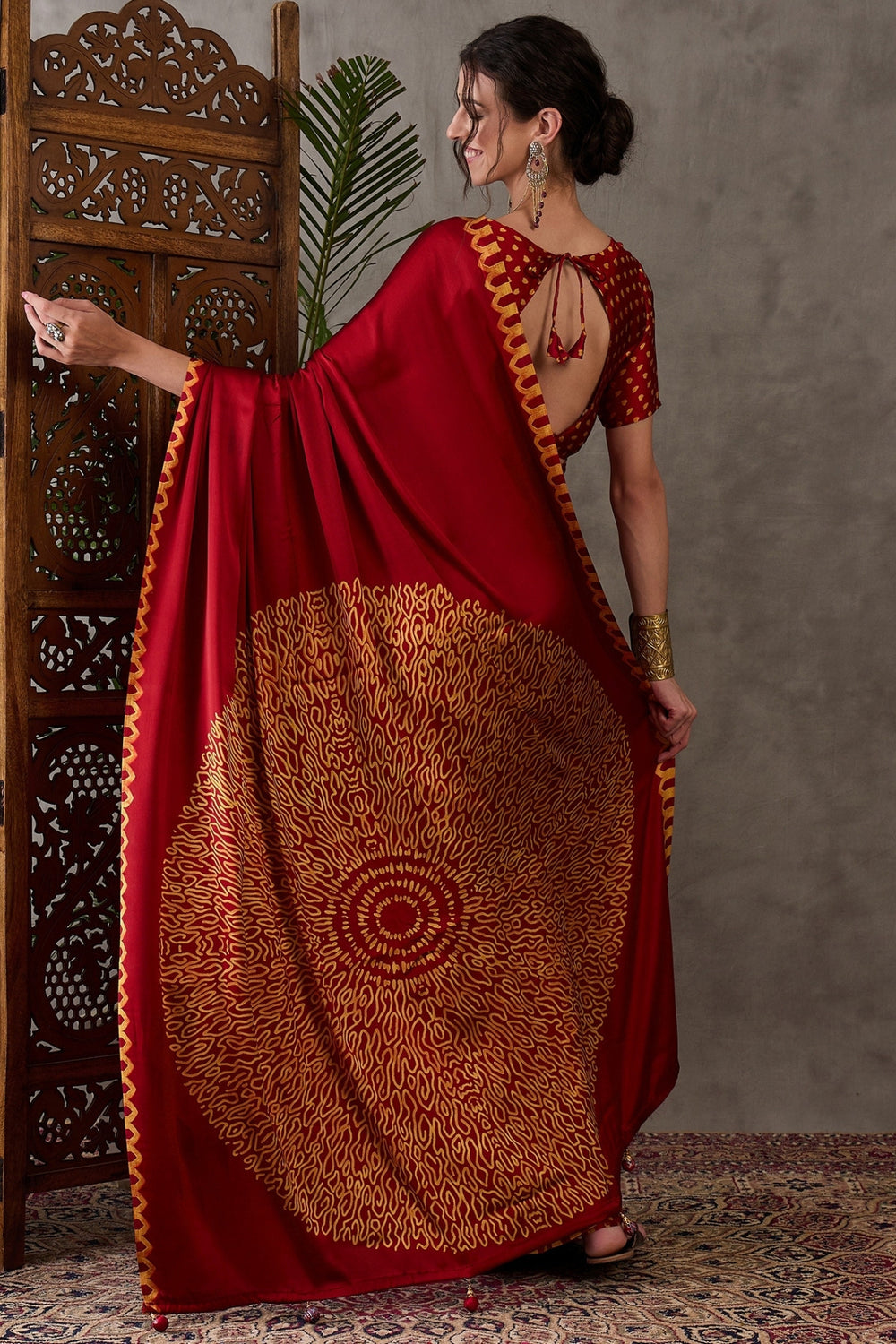 Red Pure Gaji Silk Satin Printed Saree 