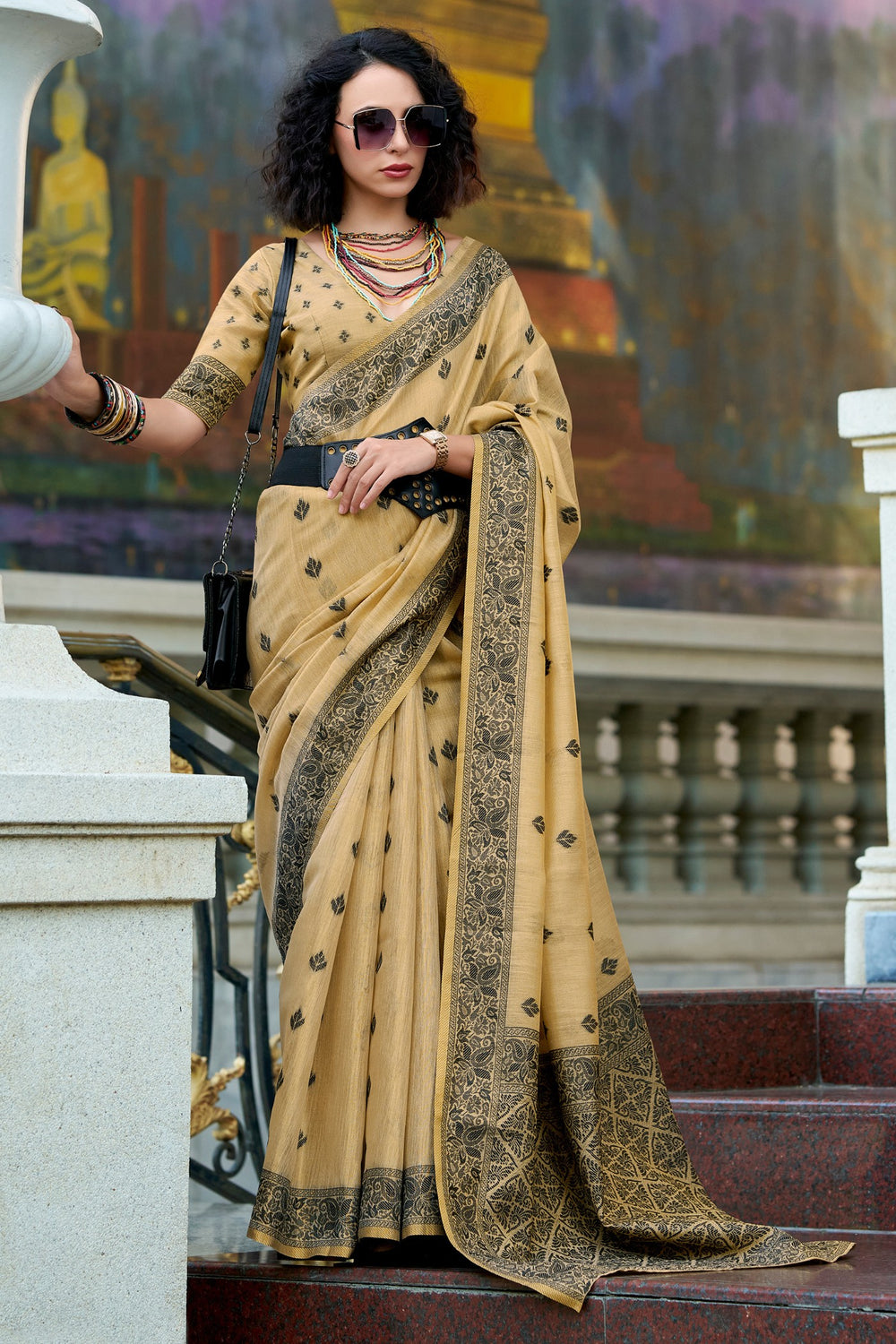 Butter Cream Pure Tussar Linen Handloom Silk With Weaving Silk Saree 