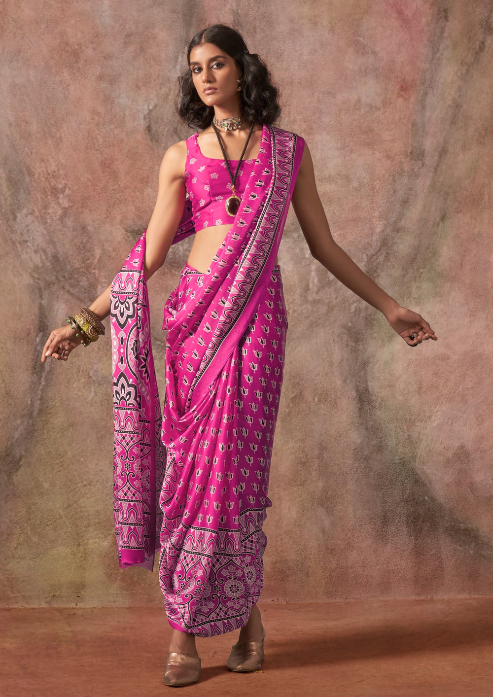 Pink Raisins Ajrakh Printed Satin Georgette Silk Saree 