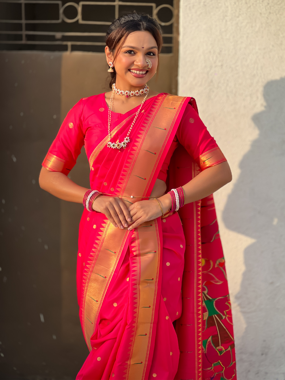 Pink Wedding Special Nauvari Paithani Soft Silk Saree ##color## Paithani Saree with premium fabric and embroidery