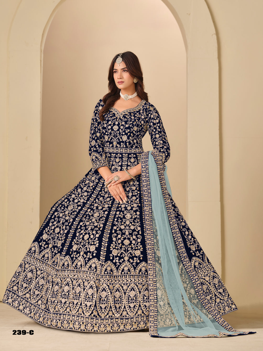 Blue Pure Soft 9000 Velvet Heavy Embroidery Work Long Anarkali Gown 