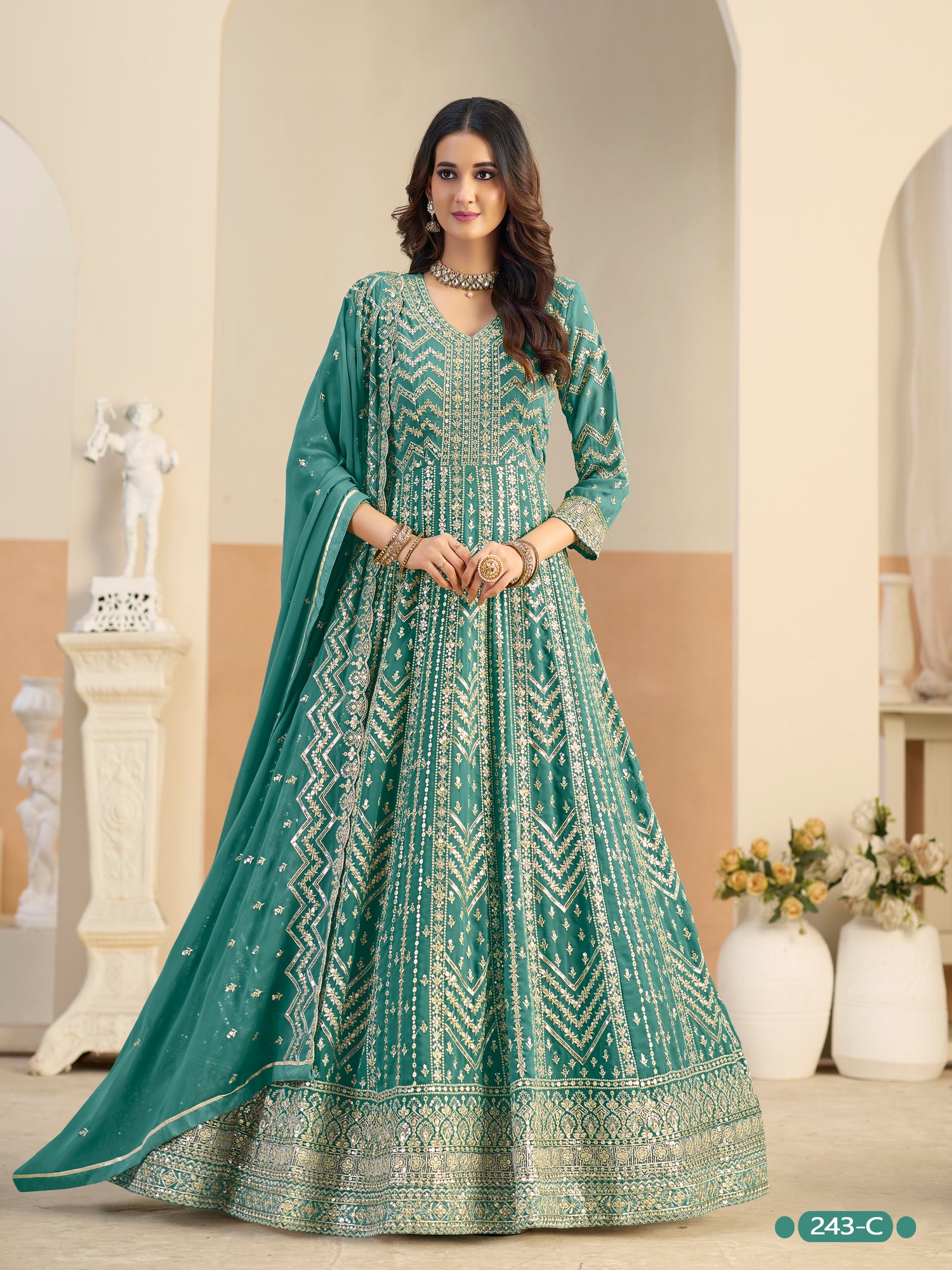 Pastle Teal Pure Soft Faux Georgette Heavy Embroidery Work Long Anarkali Gown 