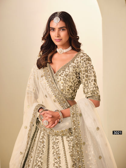 White Pure Soft Art Silk Heavy Embroidery Work Bridal Lehenga 