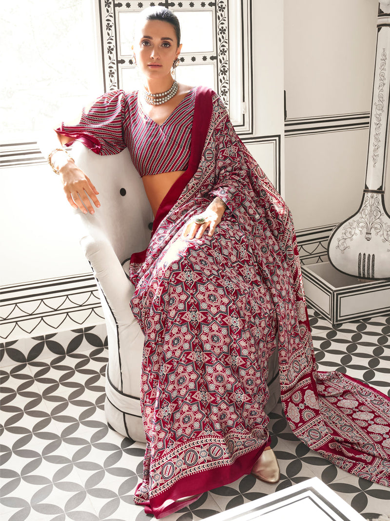 Ajrakh Print Japan Crape Saree