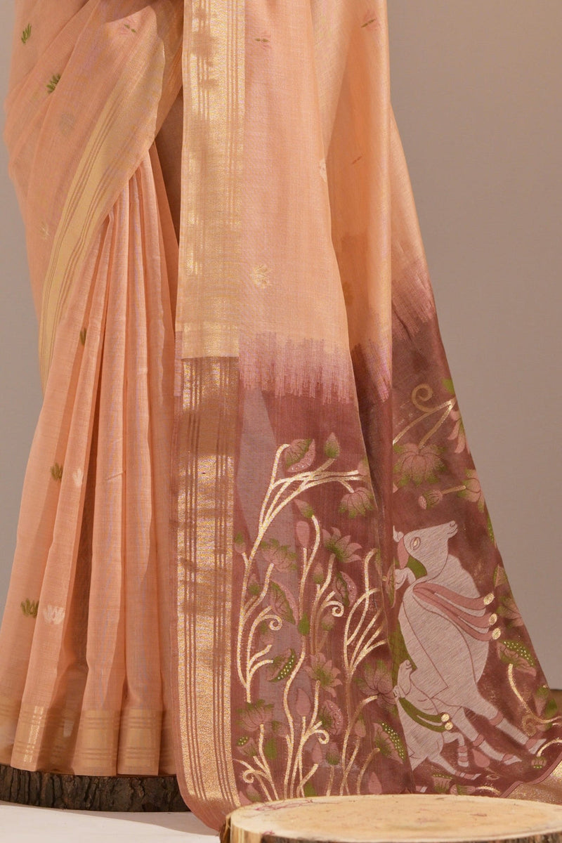 Plum Peach Soft Muga Cotton Saree