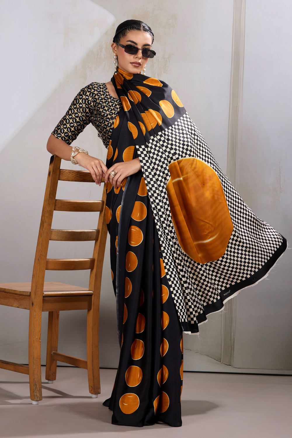 Orange Printed Polka Dots Satin Crepe Saree 