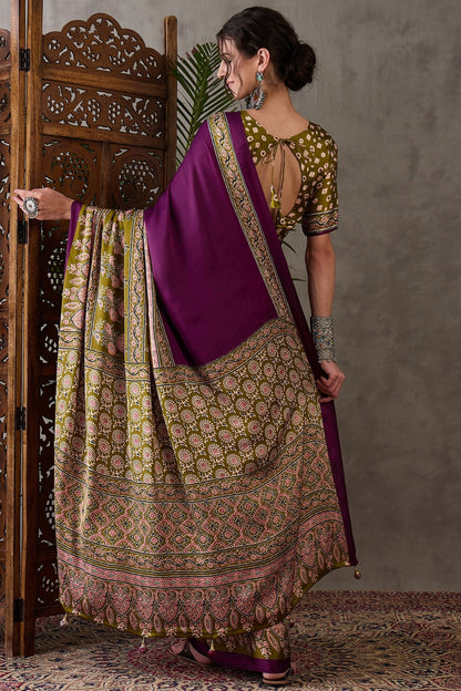 Berry Purple Pure Soft Modal Satin Ajrakh Print Satin Saree Japan Satin Saree Anant Tex Exports Pvt.Ltd..