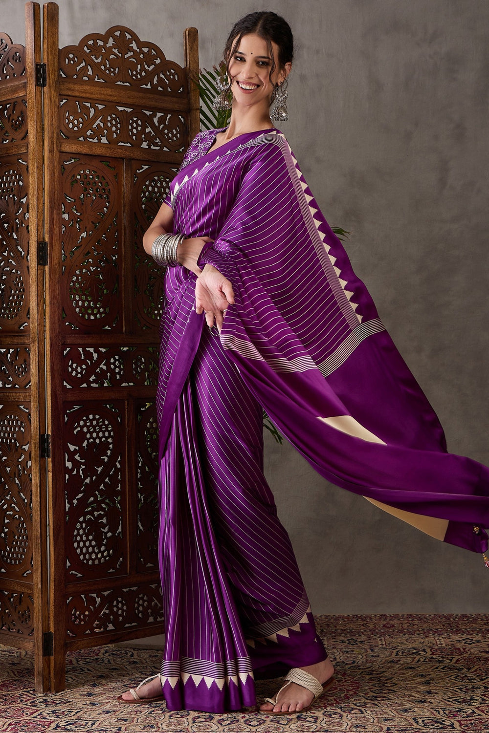 Purple Printed Satin Gaji Silk Saree 