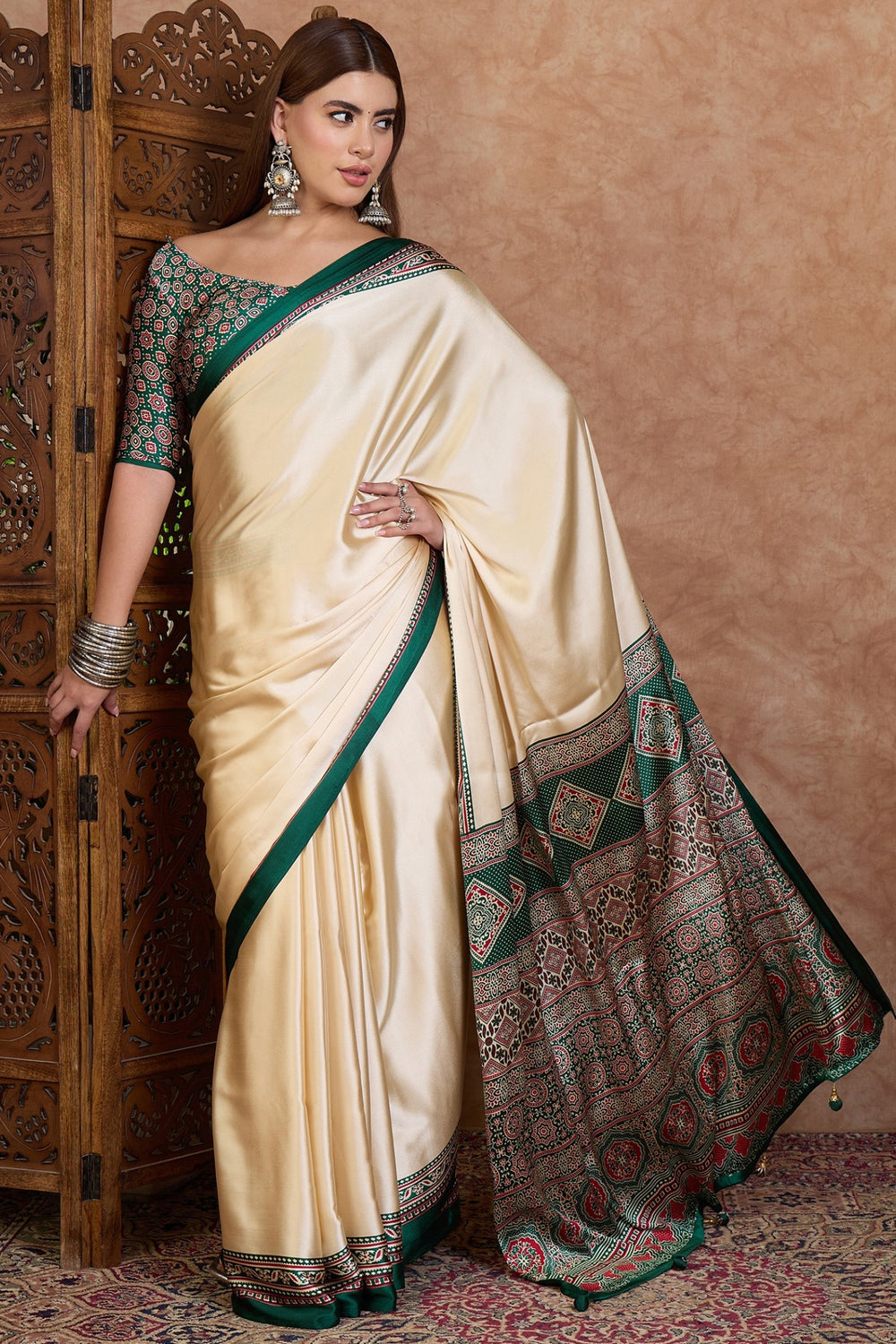 Cream and Green Pure Soft Modal Satin Ajrakh Print Satin Saree Japan Satin Saree Anant Tex Exports Pvt.Ltd..