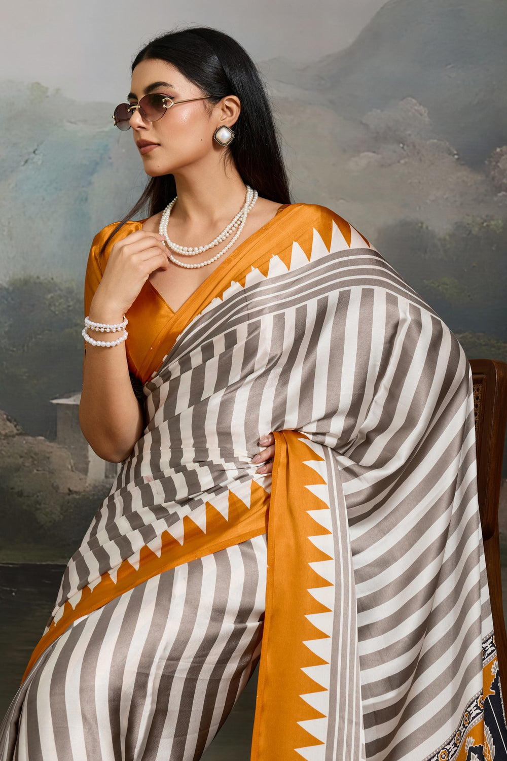White and Yellow Pure Ajrakh Printed Satin Crepe Silk Saree