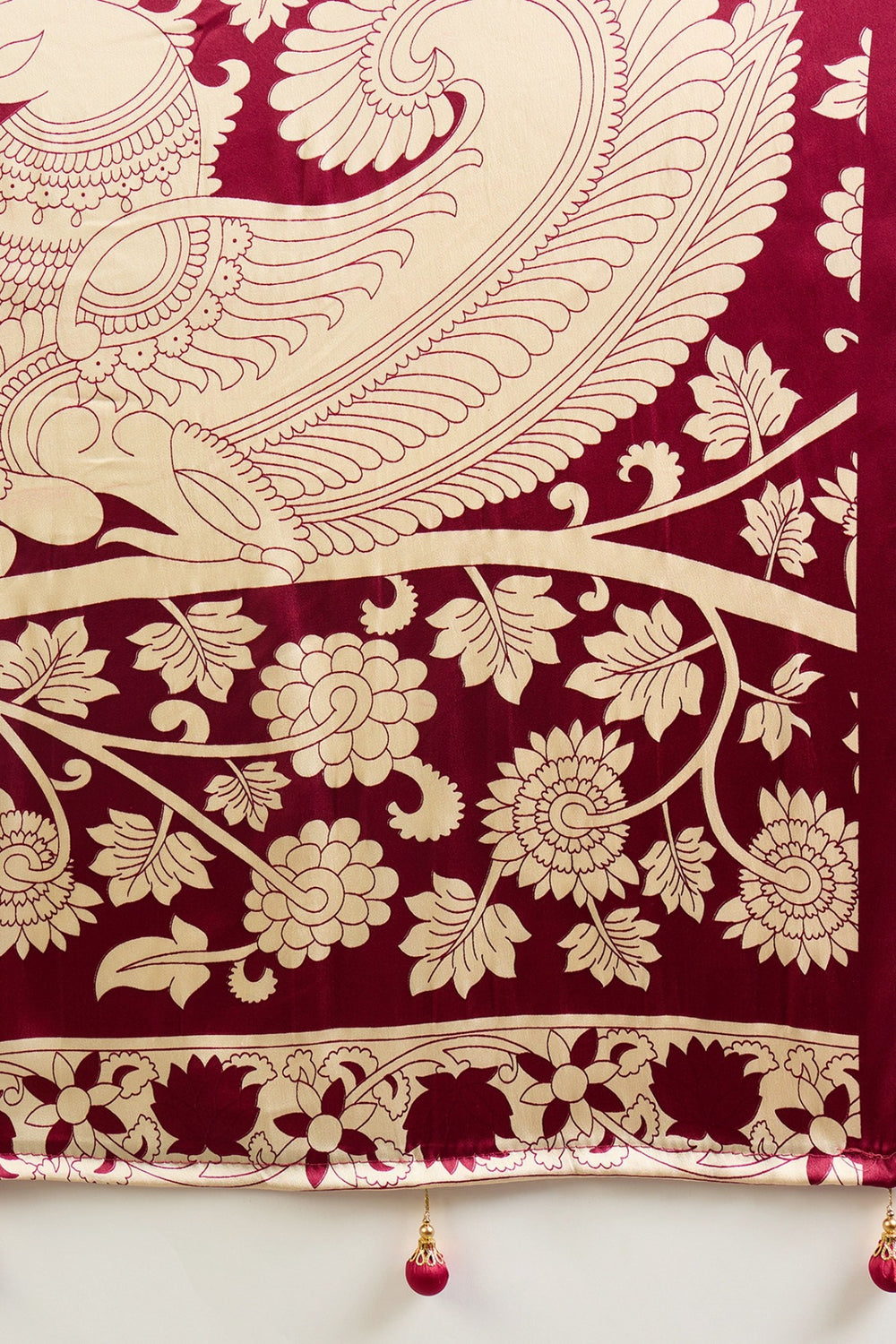Maroon Kalamkari Printed Satin Silk Saree 