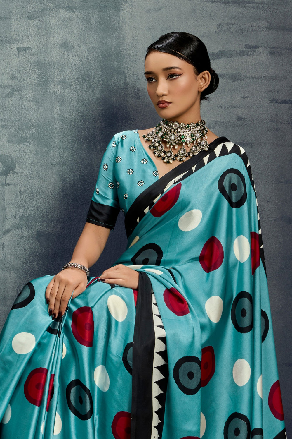 Blue Ajrakh Printed Satin Crepe Silk Saree ##color## Japan Satin Saree with premium fabric and embroidery