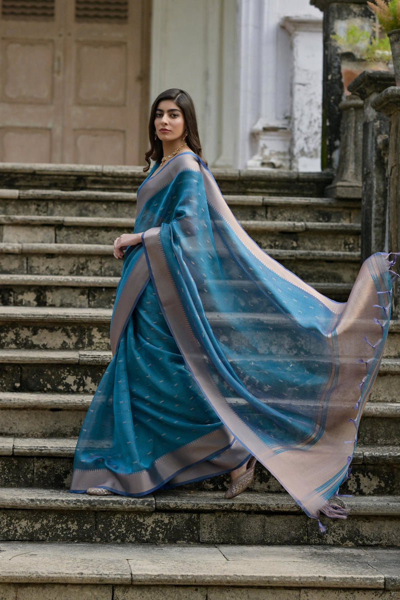Cyan Blue Pure Soft Kalyani Silk Saree