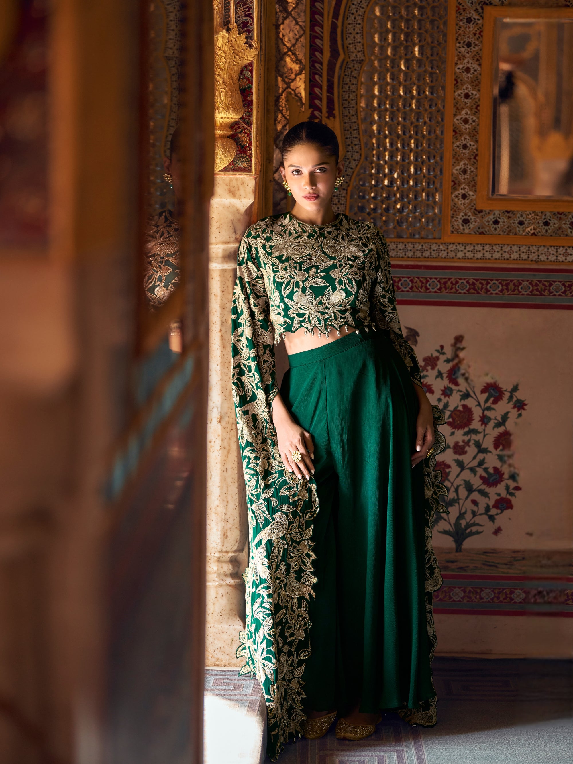 Bottle Green Premium Lucknowi Soft Georgette Anarkali Suit Ruffle Dupatta