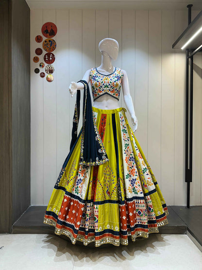 Yellow and navy blue Gamthi work chaniya choli for Navratri