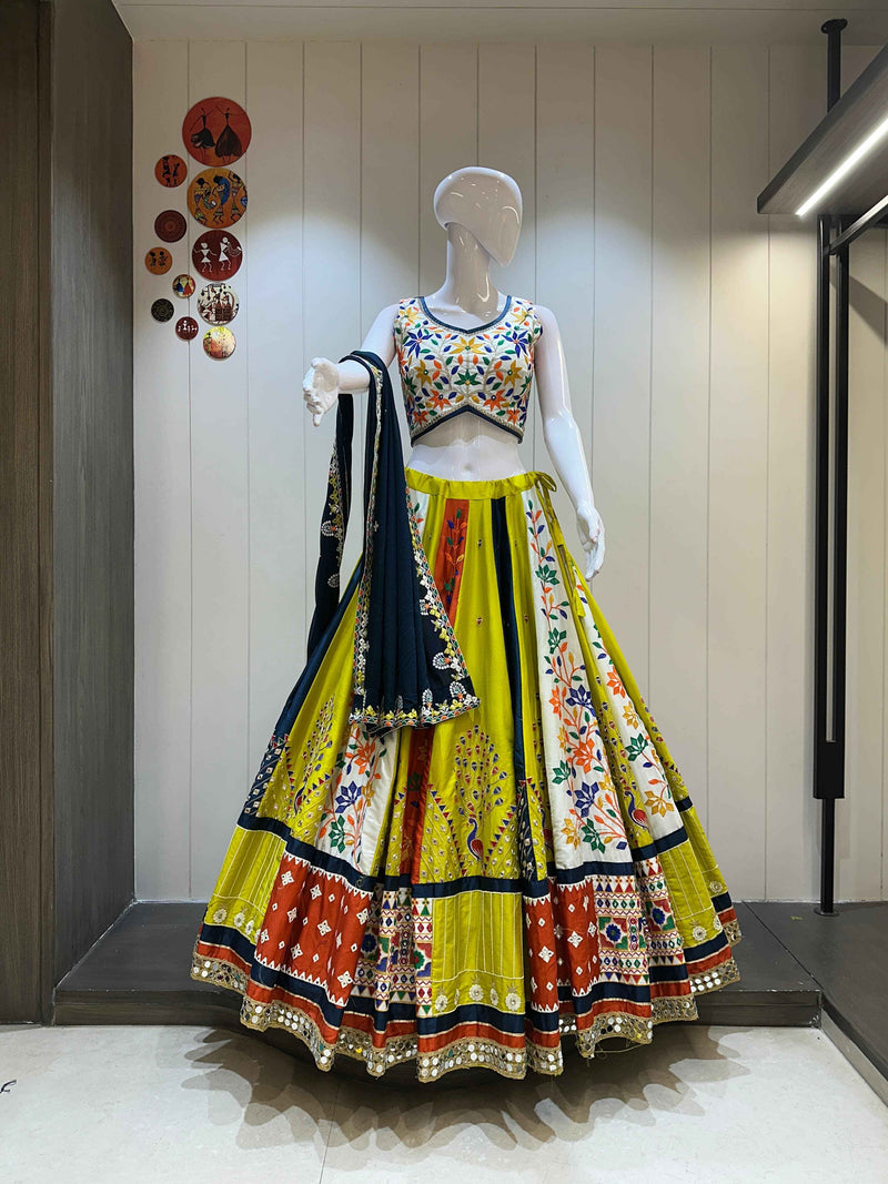 Yellow and navy blue Gamthi work chaniya choli for Navratri