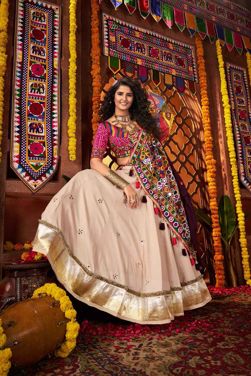 Designer Beige Mirror Work Cotton Chaniya Choli