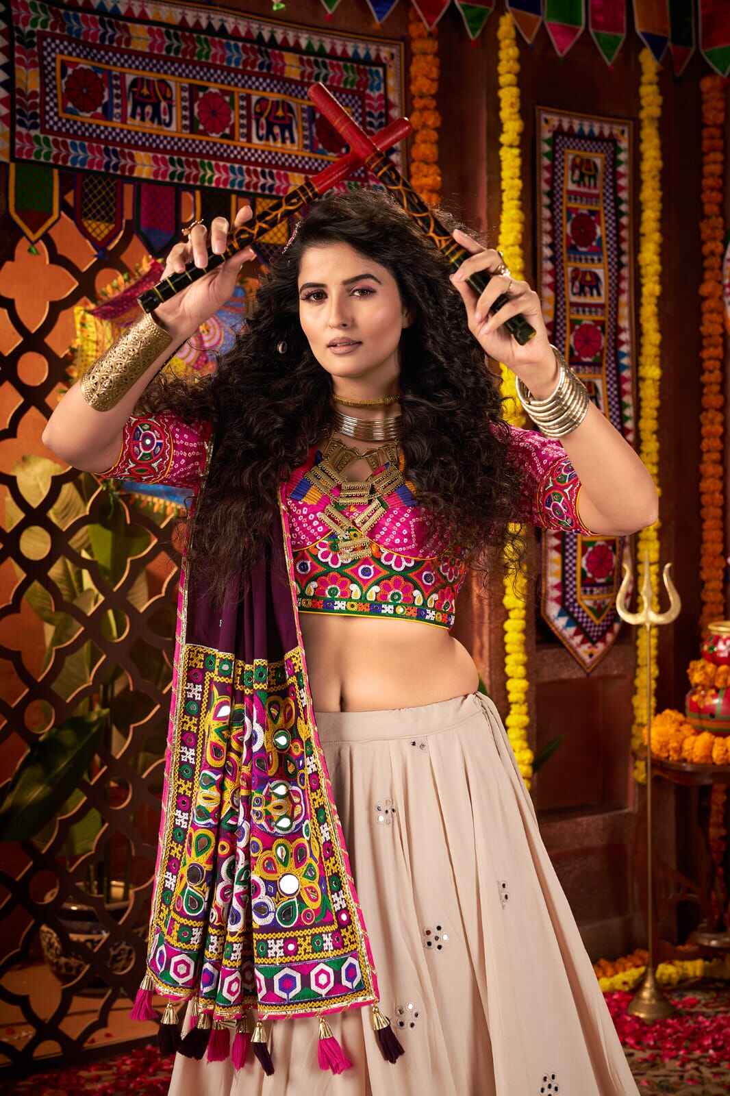 Beige Kutchi Mirror Work Chaniya Choli with Dupatta for Garba