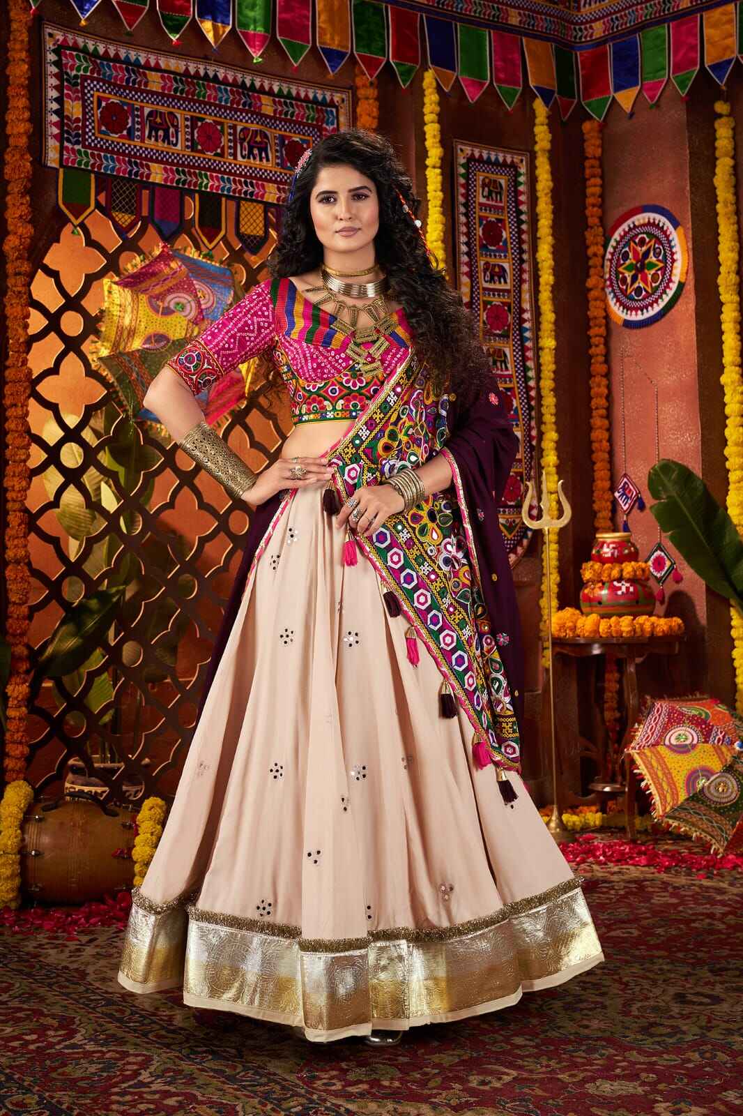 Beige Kutchi Mirror Work Chaniya Choli with Dupatta for Garba