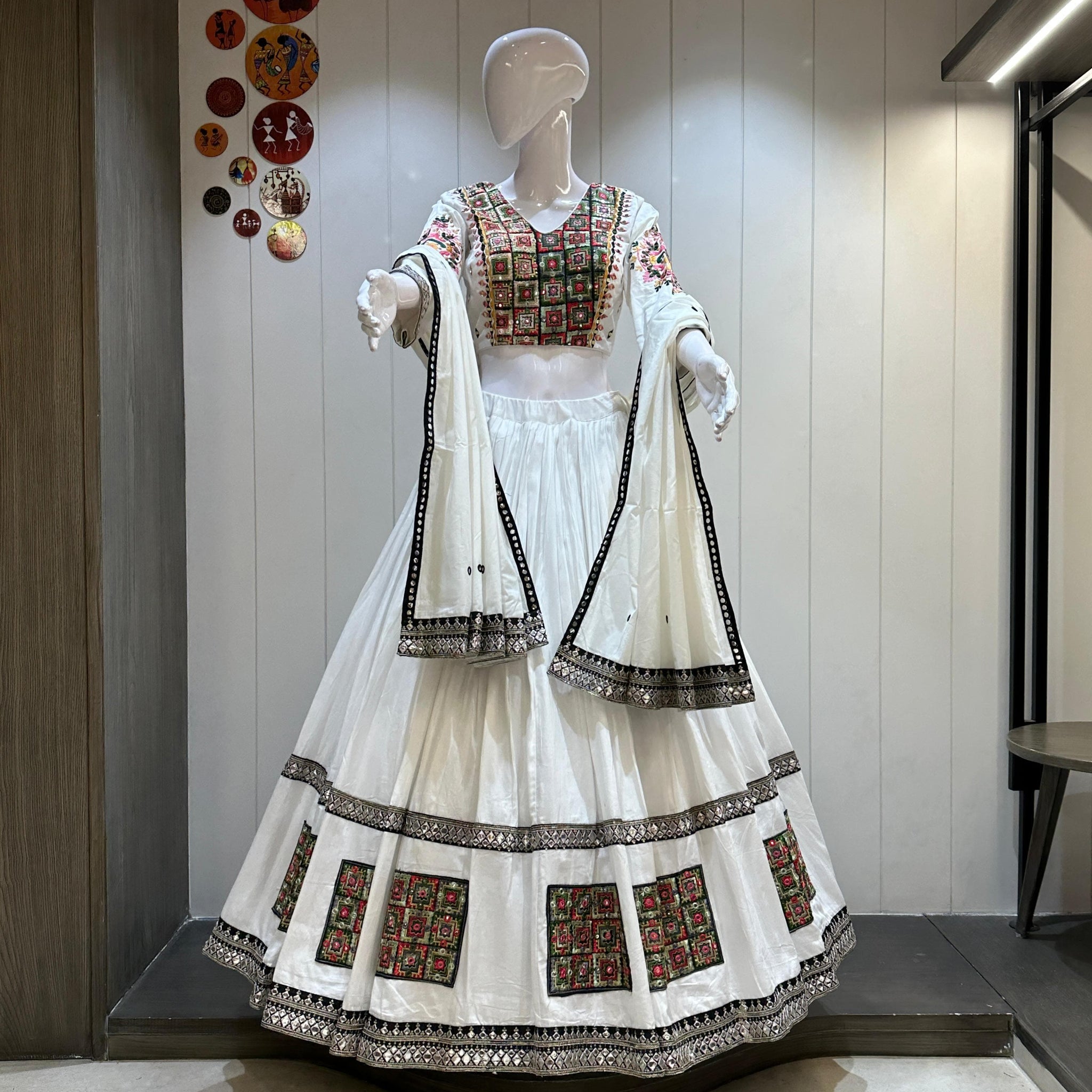 white jaam cotton chaniya choli with vintage patchwork and mirror embroidery