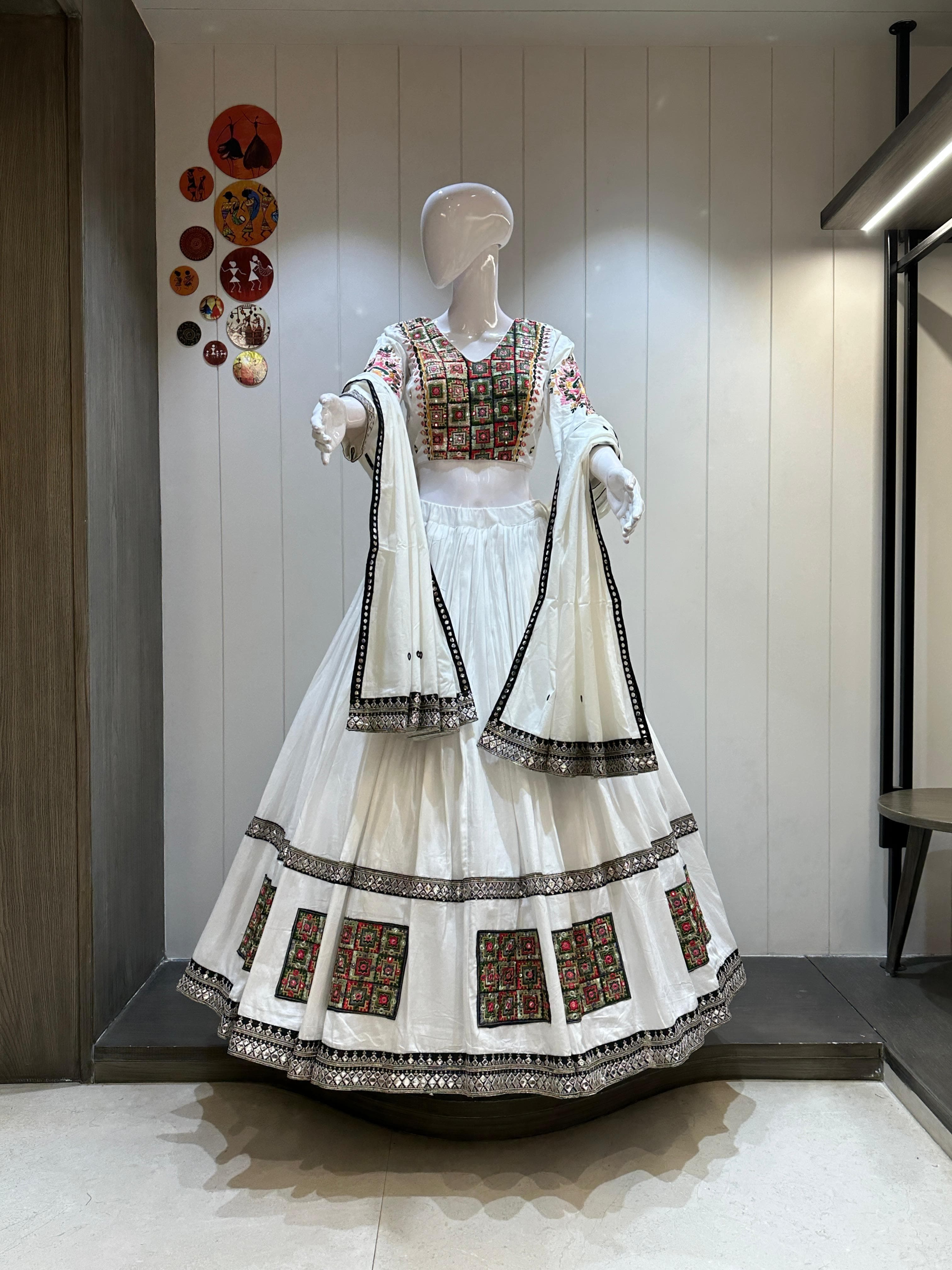 white jaam cotton chaniya choli with vintage patchwork and mirror embroidery