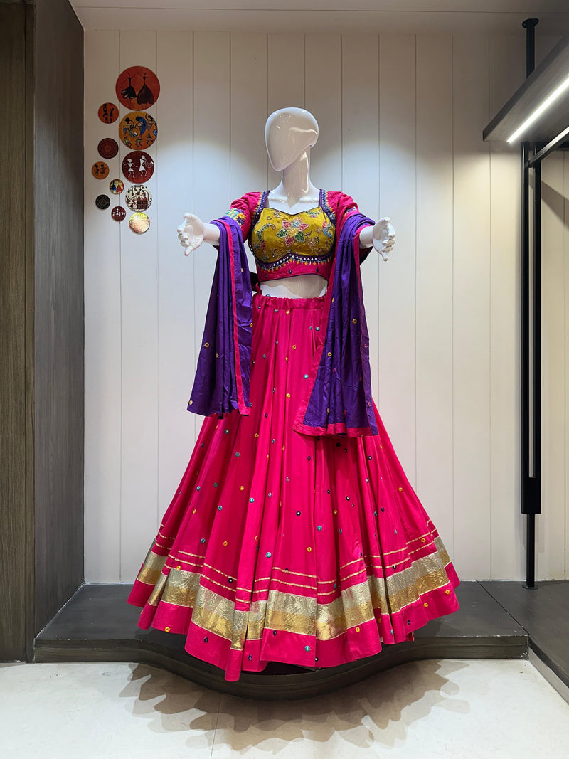 Pink chaniya choli with purple dupatta and gold border

