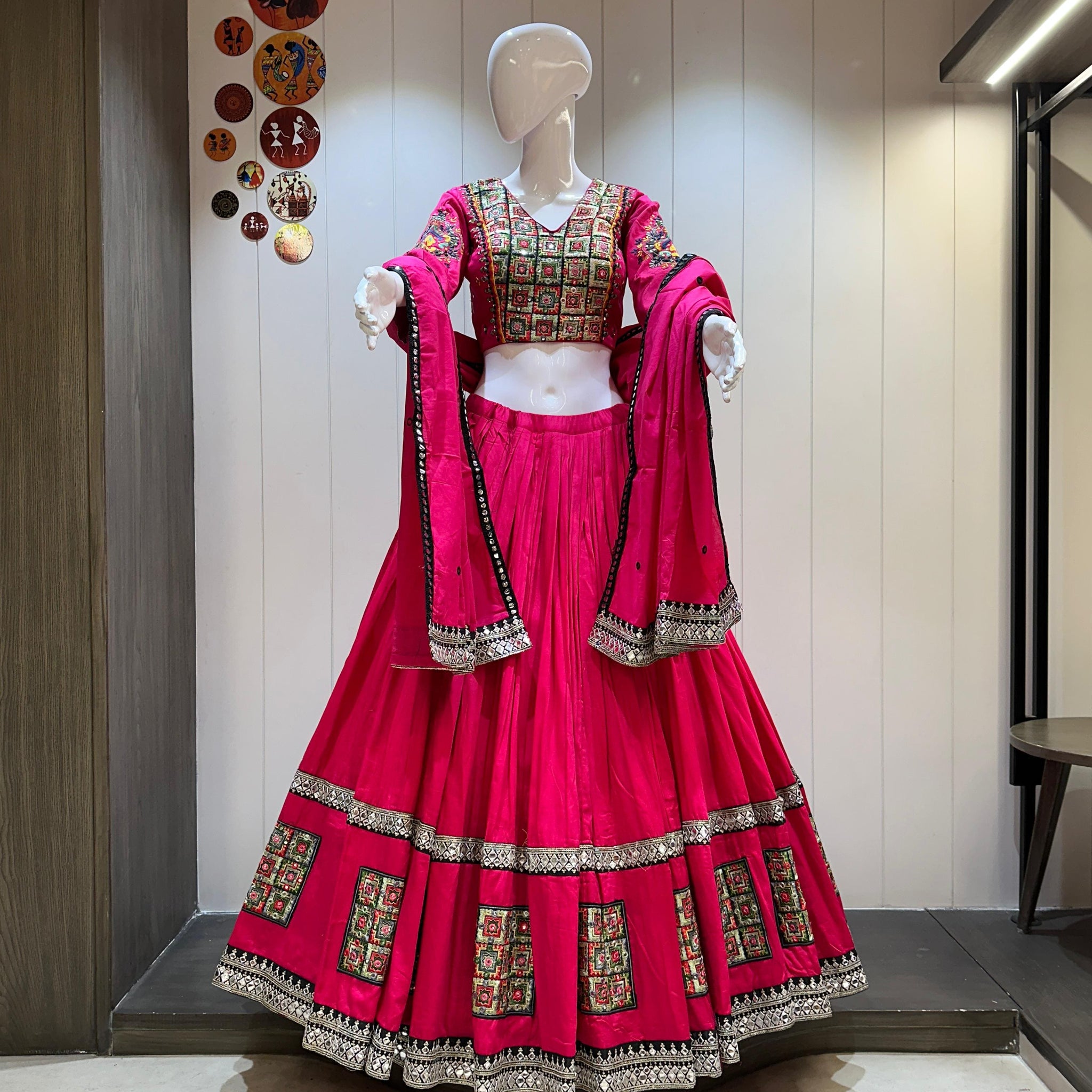 rani pink jaam cotton chaniya choli with festive patchwork and mirror work