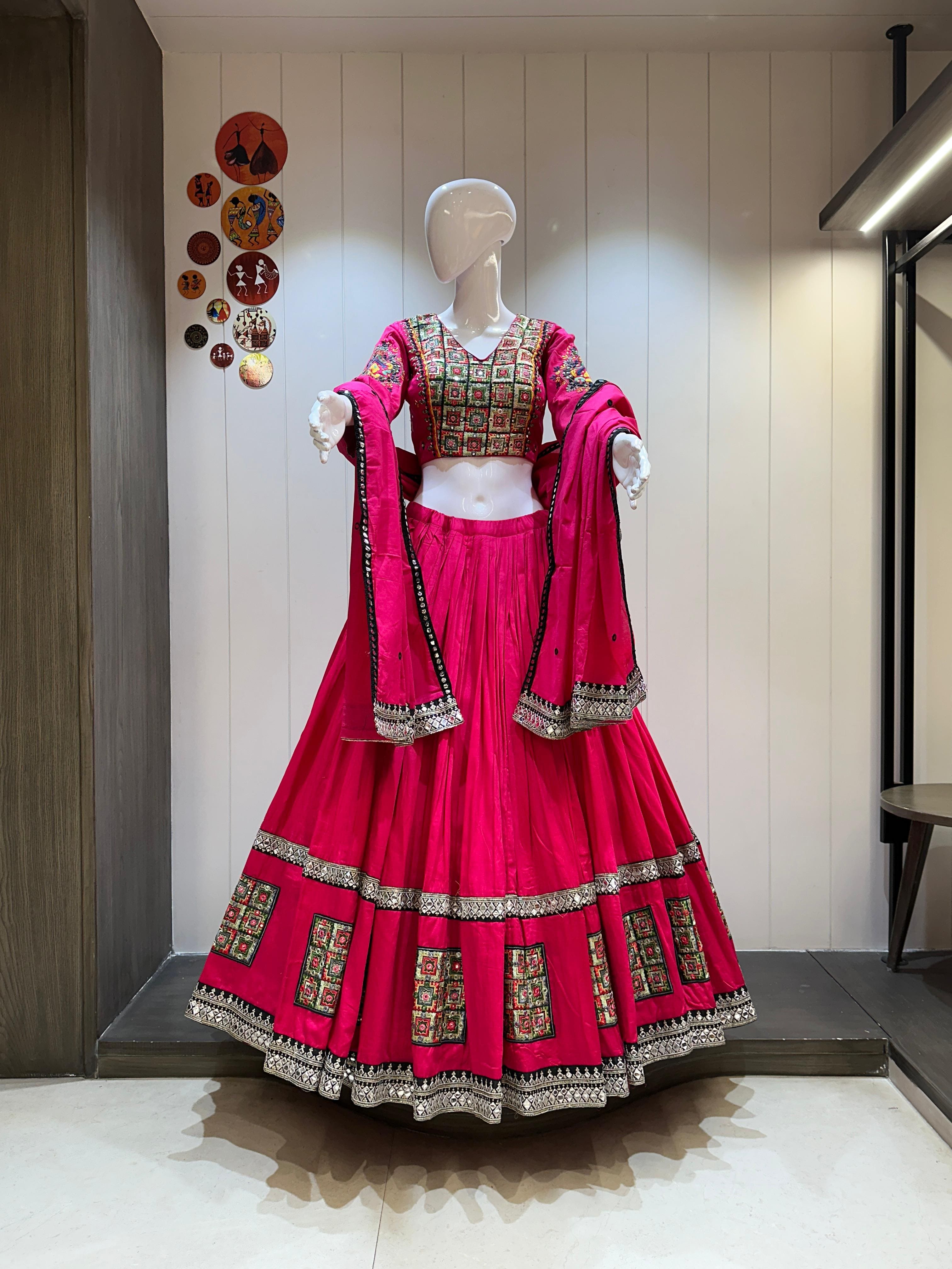 rani pink jaam cotton chaniya choli with festive patchwork and mirror work