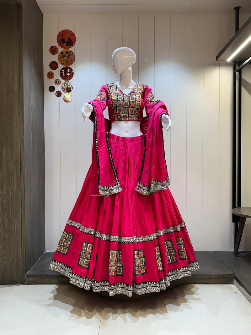 rani pink jaam cotton chaniya choli with festive patchwork and mirror work