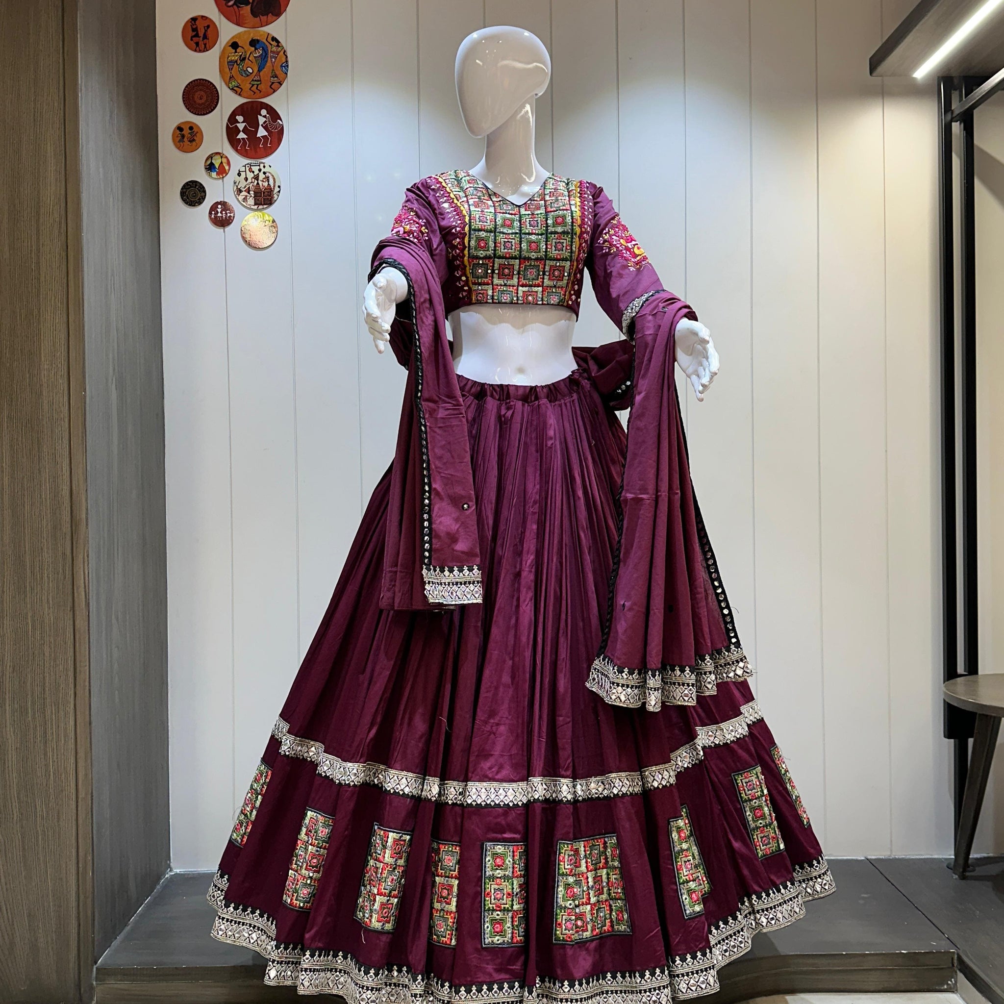 wine maroon jaam cotton chaniya choli with heritage patch and mirror work