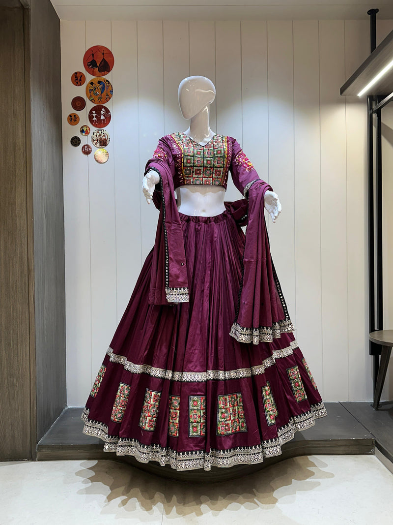 wine maroon jaam cotton chaniya choli with heritage patch and mirror work