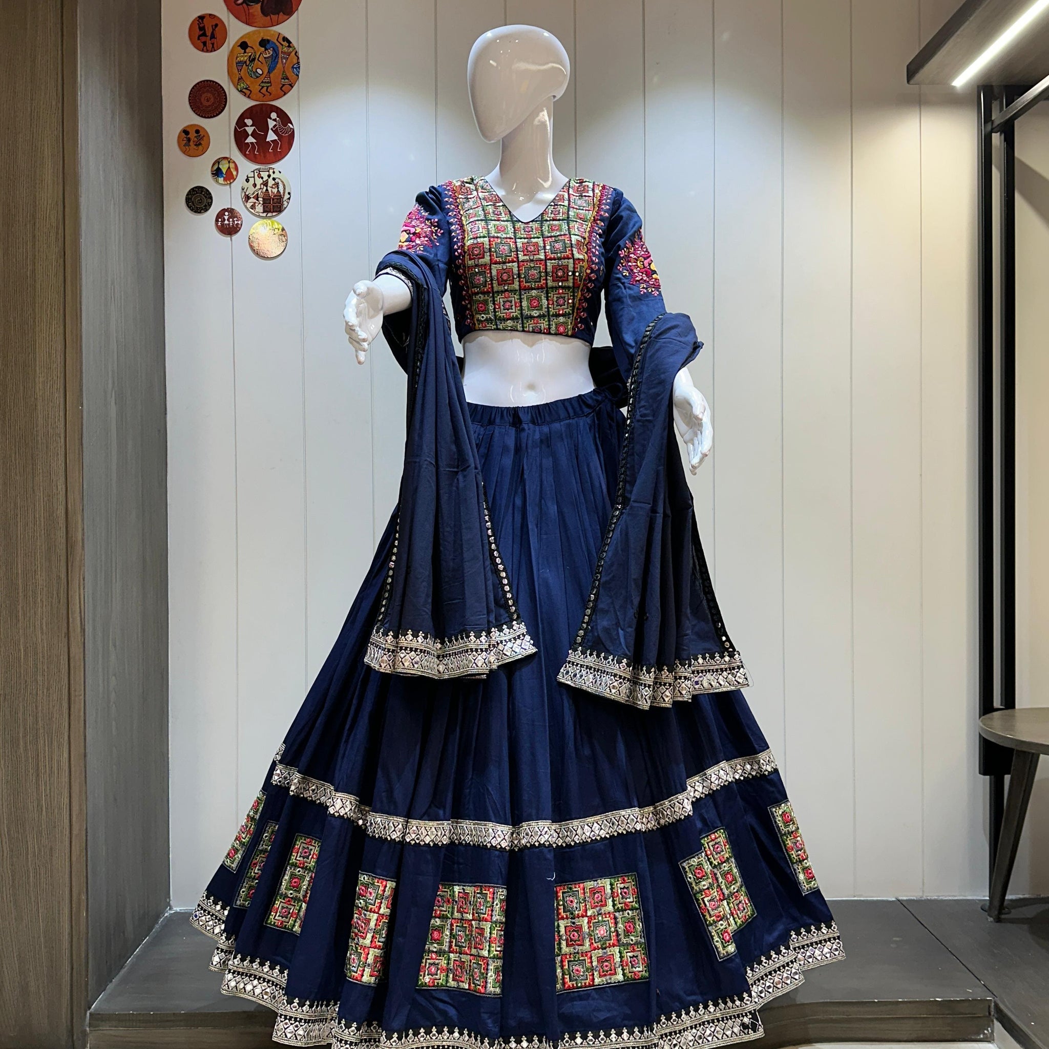 navy blue jaam cotton chaniya choli with classic patchwork and mirror blouse
