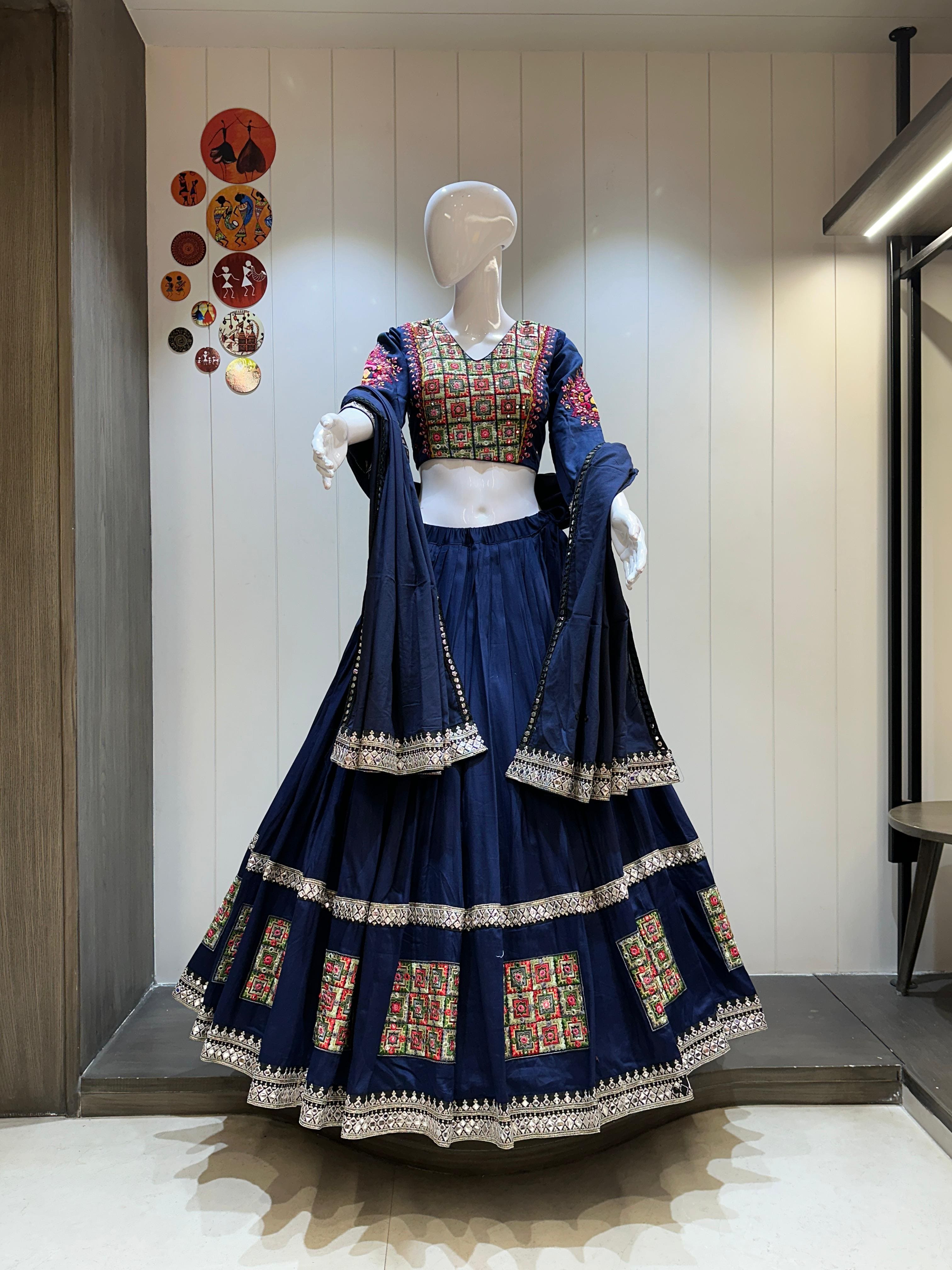 navy blue jaam cotton chaniya choli with classic patchwork and mirror blouse