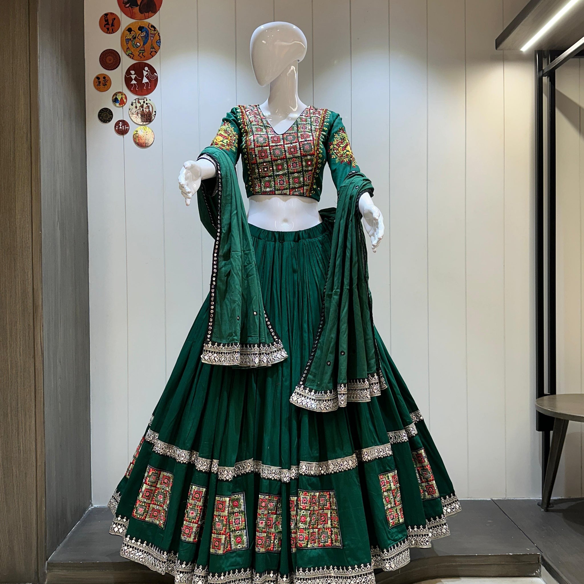 green jaam cotton chaniya choli with regal patchwork and mirror embroidery