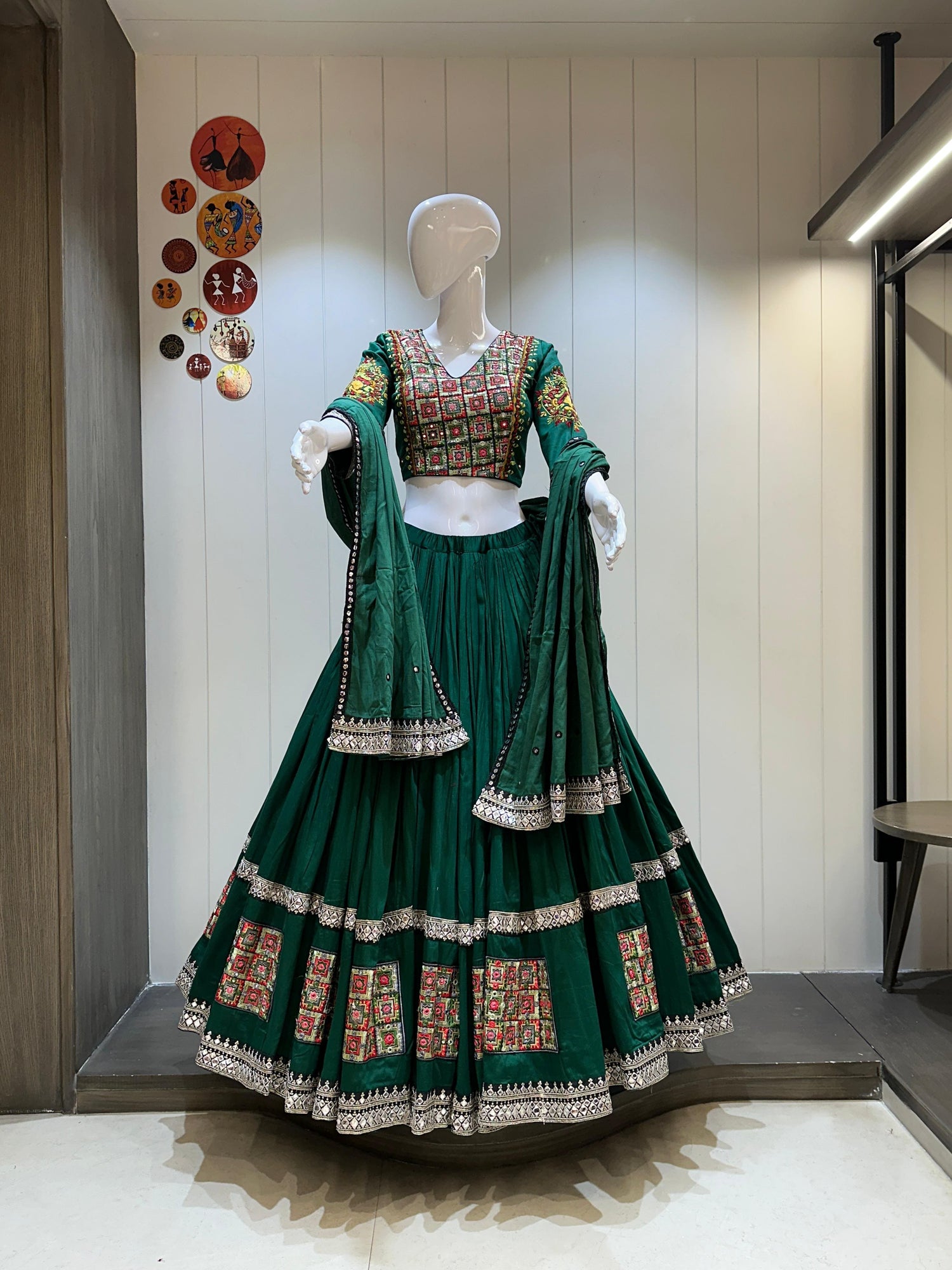 green jaam cotton chaniya choli with regal patchwork and mirror embroidery
