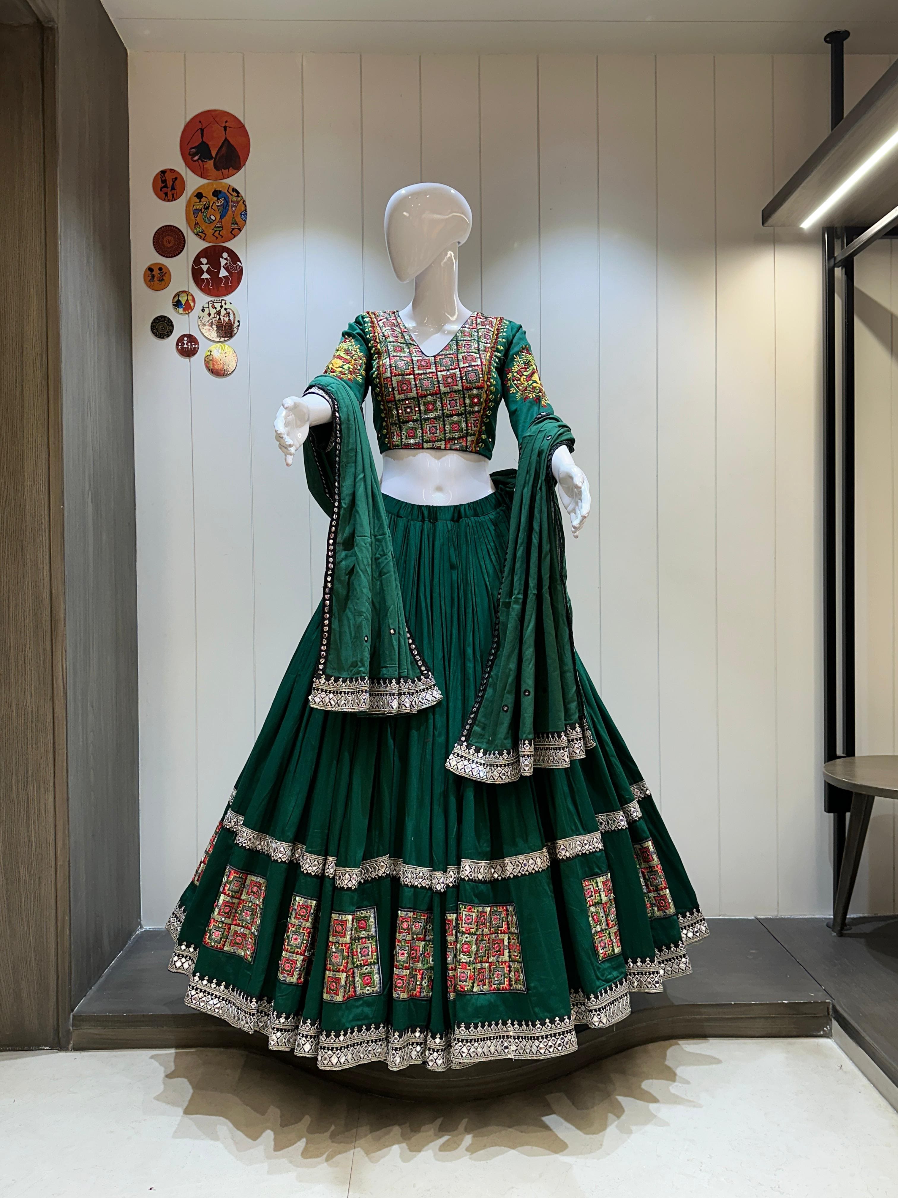 green jaam cotton chaniya choli with regal patchwork and mirror embroidery