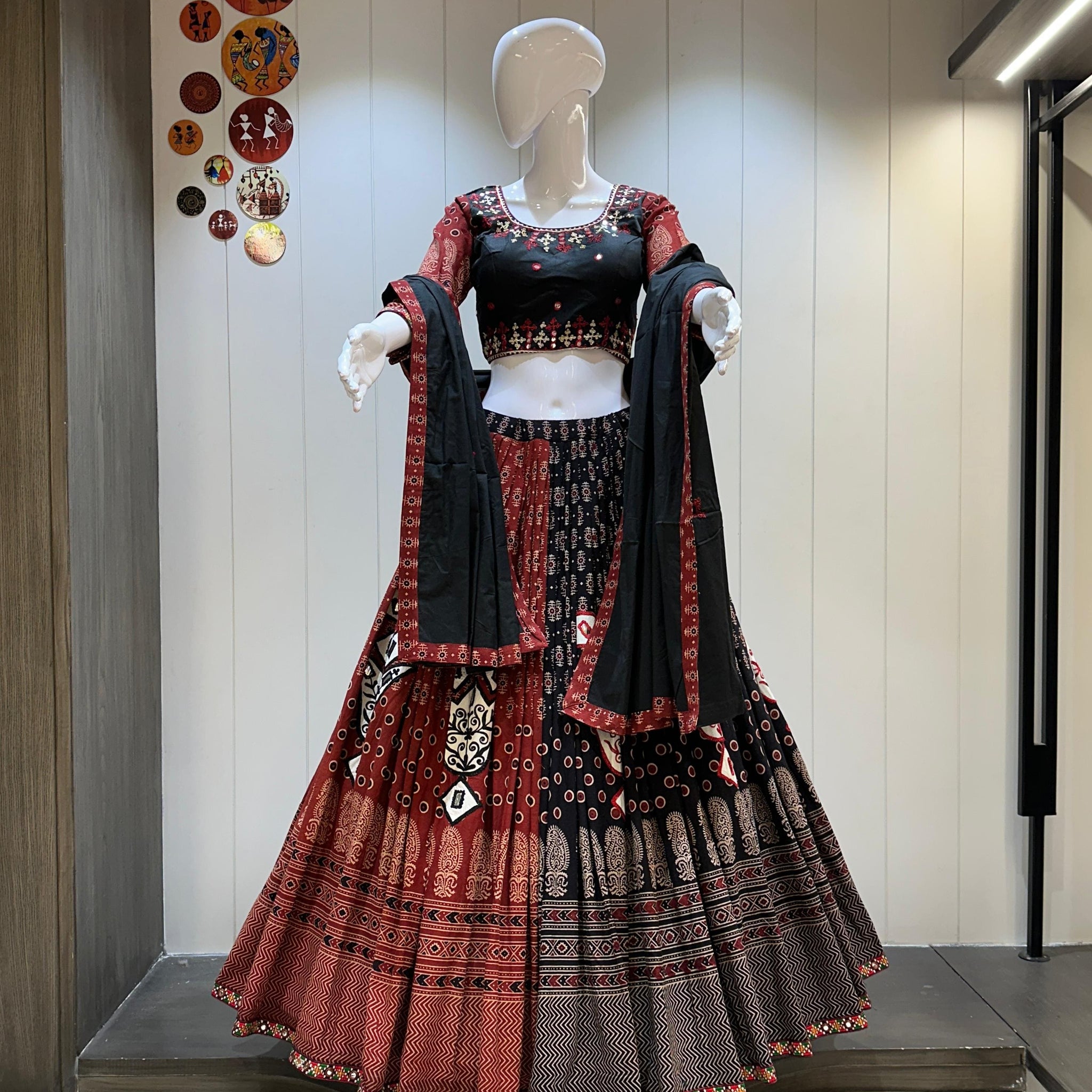 Ajrakh cotton chaniya choli in black for navratri