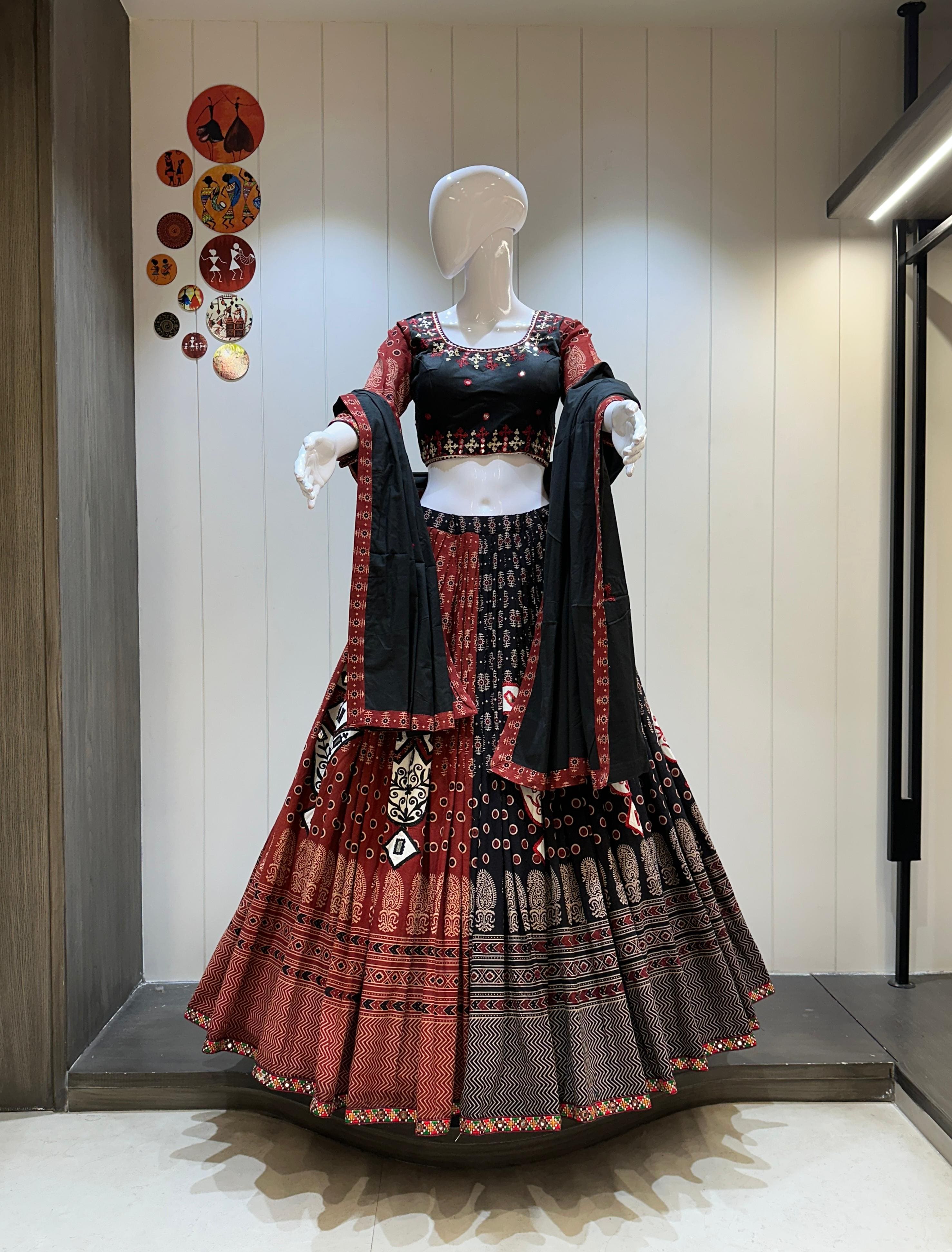 Ajrakh cotton chaniya choli in black for navratri