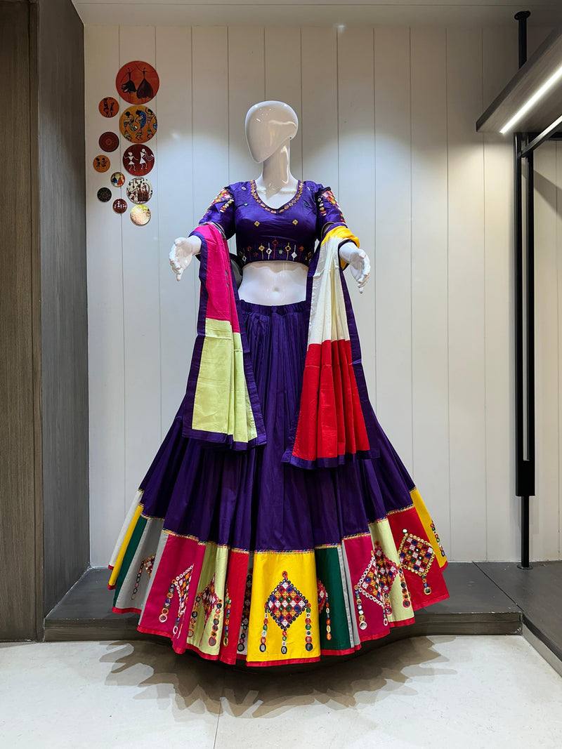 Purple mirror work chaniya choli with multi-colour dupatta