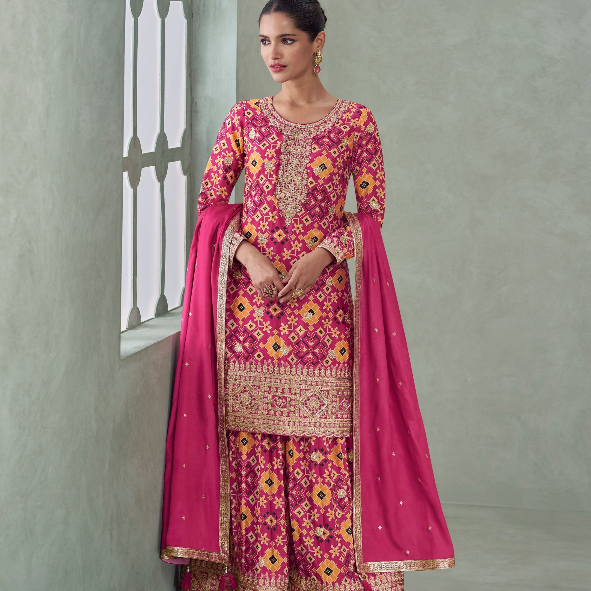 Hot Pink Premium Chinnon Silk Sharara Suit