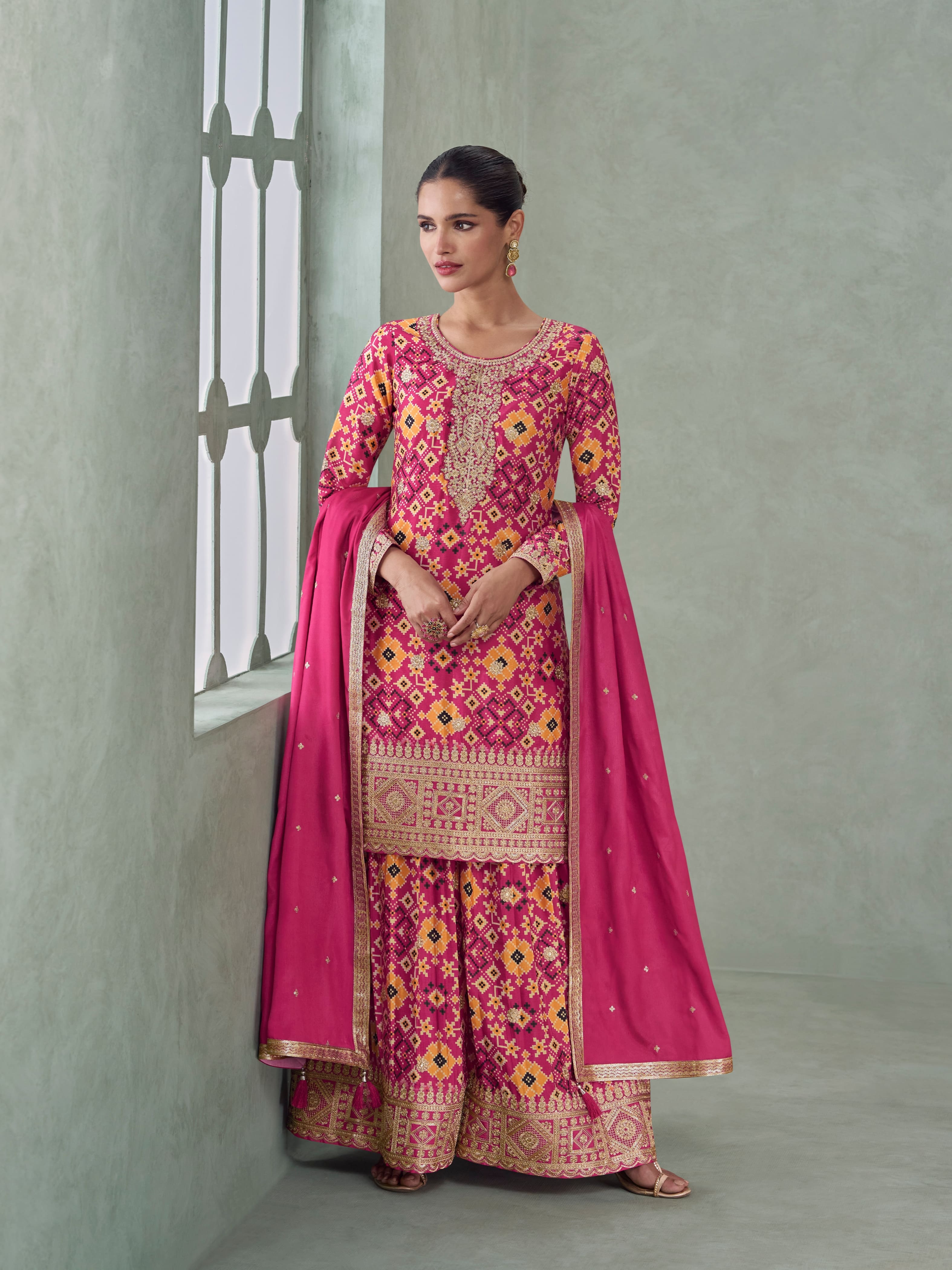 Hot Pink Premium Chinnon Silk Sharara Suit