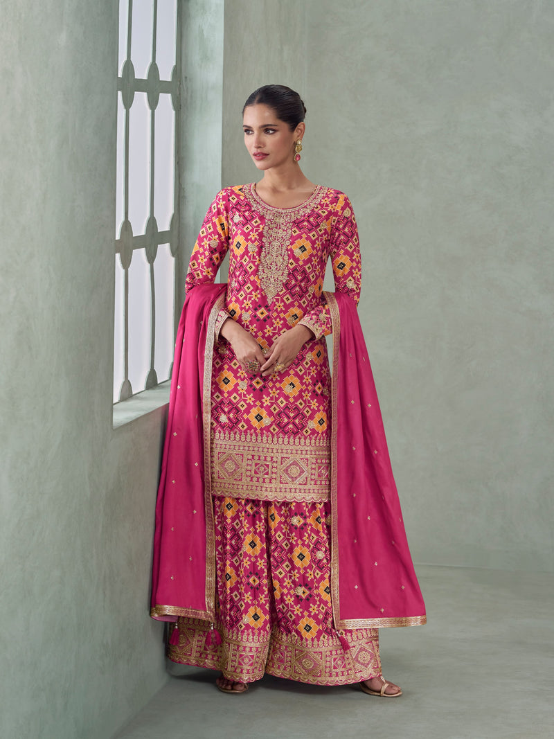 Hot Pink Premium Chinnon Silk Sharara Suit