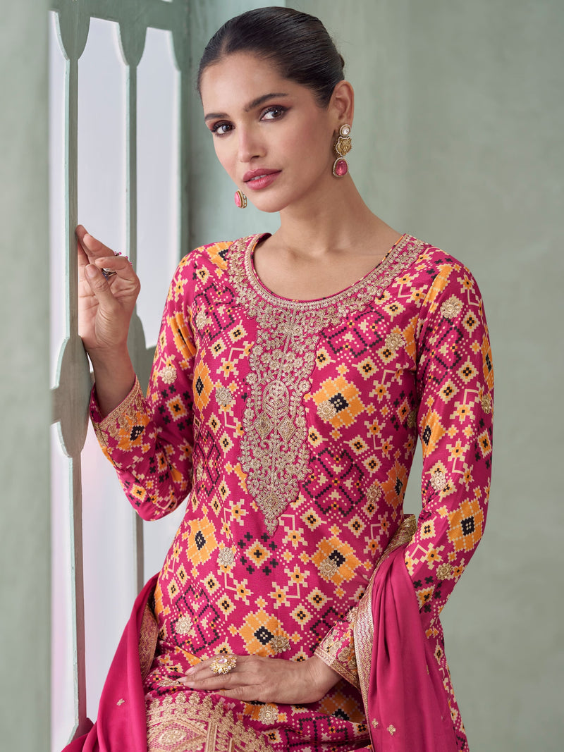 Hot Pink Premium Chinnon Silk Sharara Suit