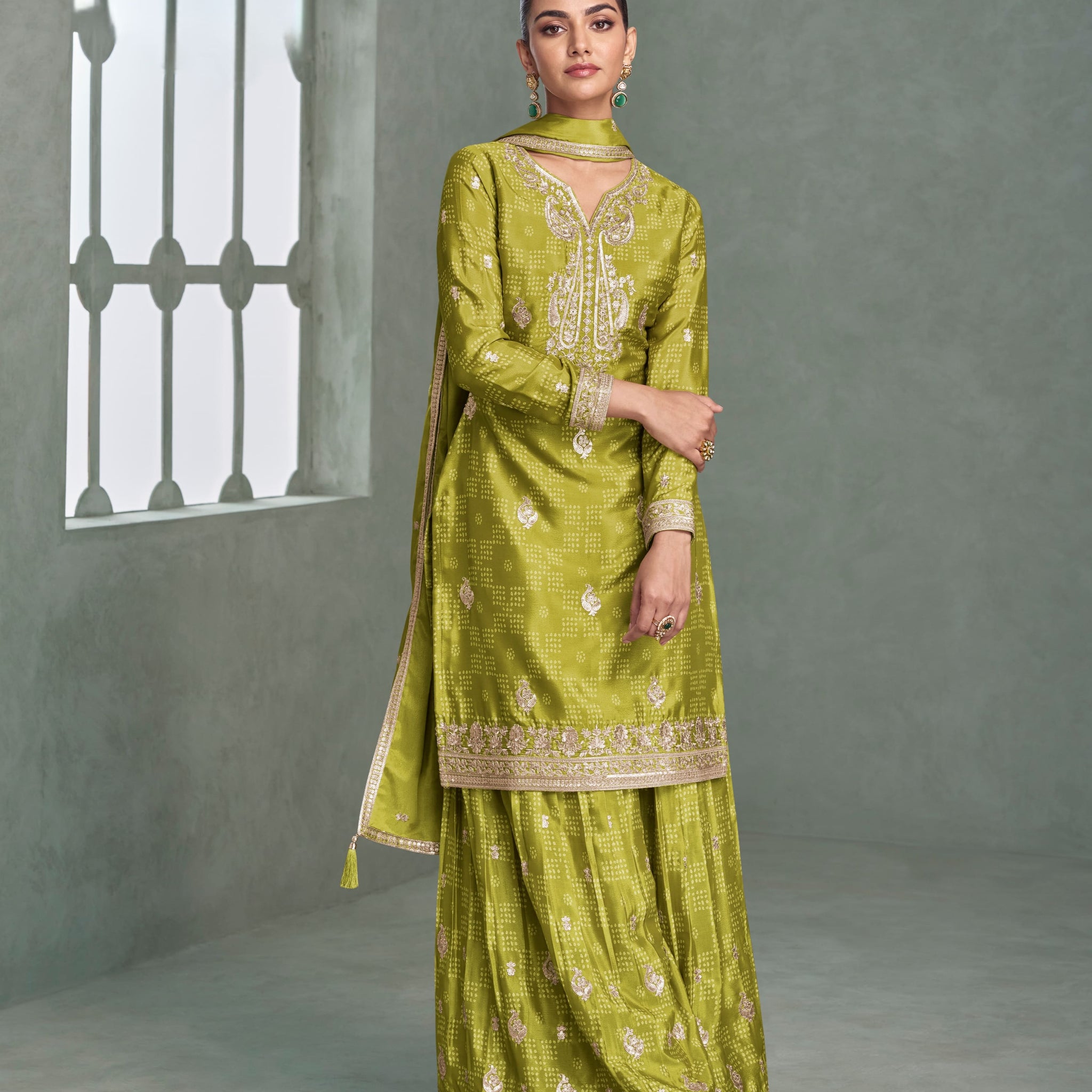 Lime Green Premium Chinnon Silk Sharara Suit