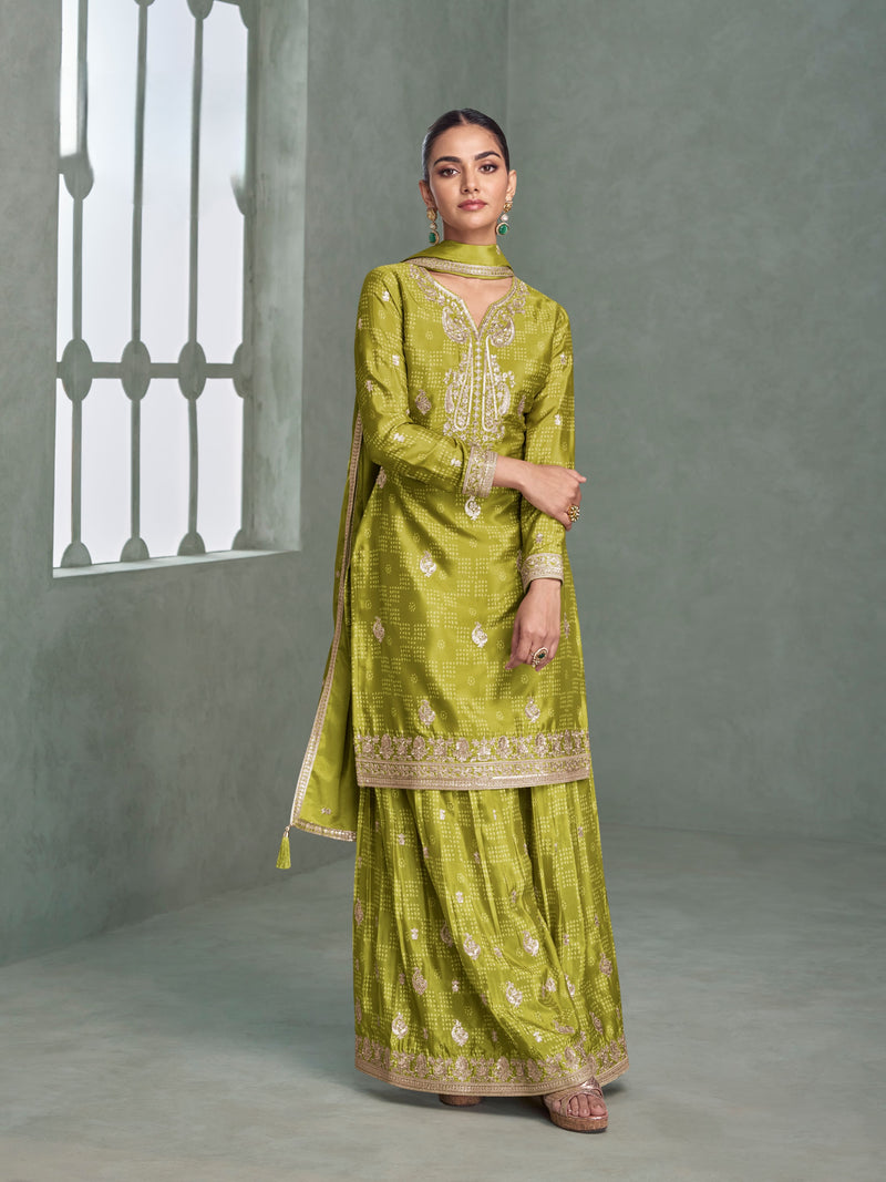 Lime Green Premium Chinnon Silk Sharara Suit