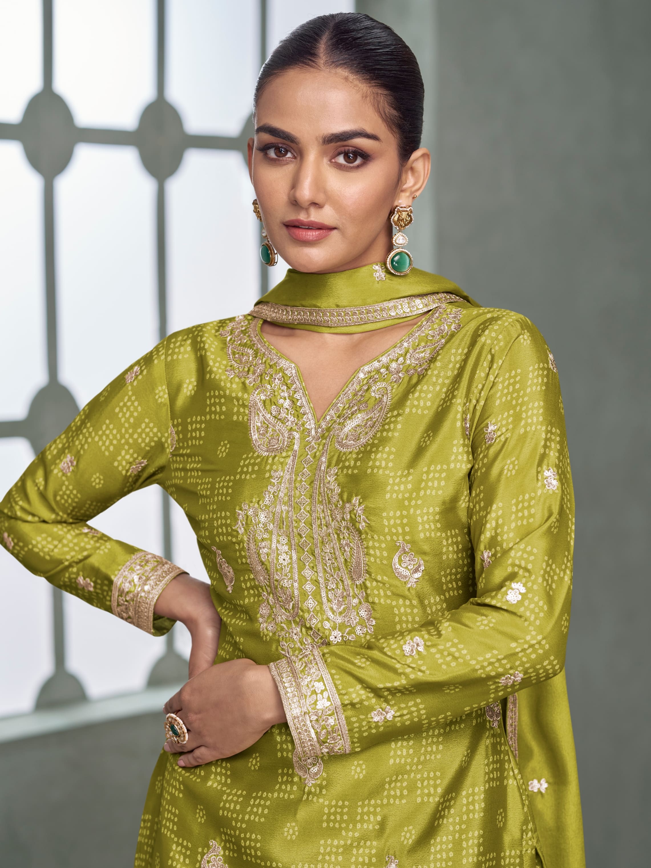 Lime Green Premium Chinnon Silk Sharara Suit